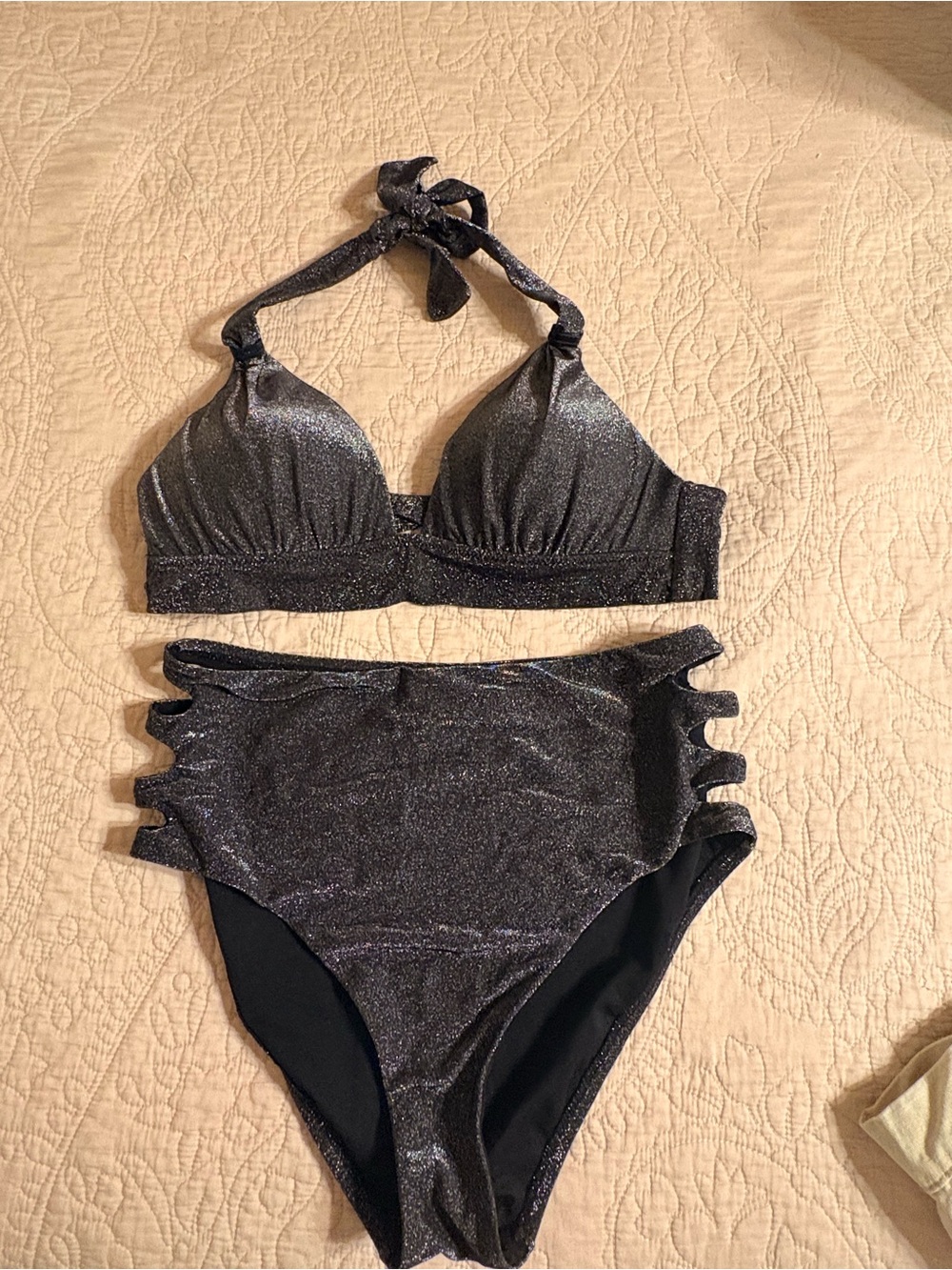 Bar III Shimmery Black High-Waist Bikini Set